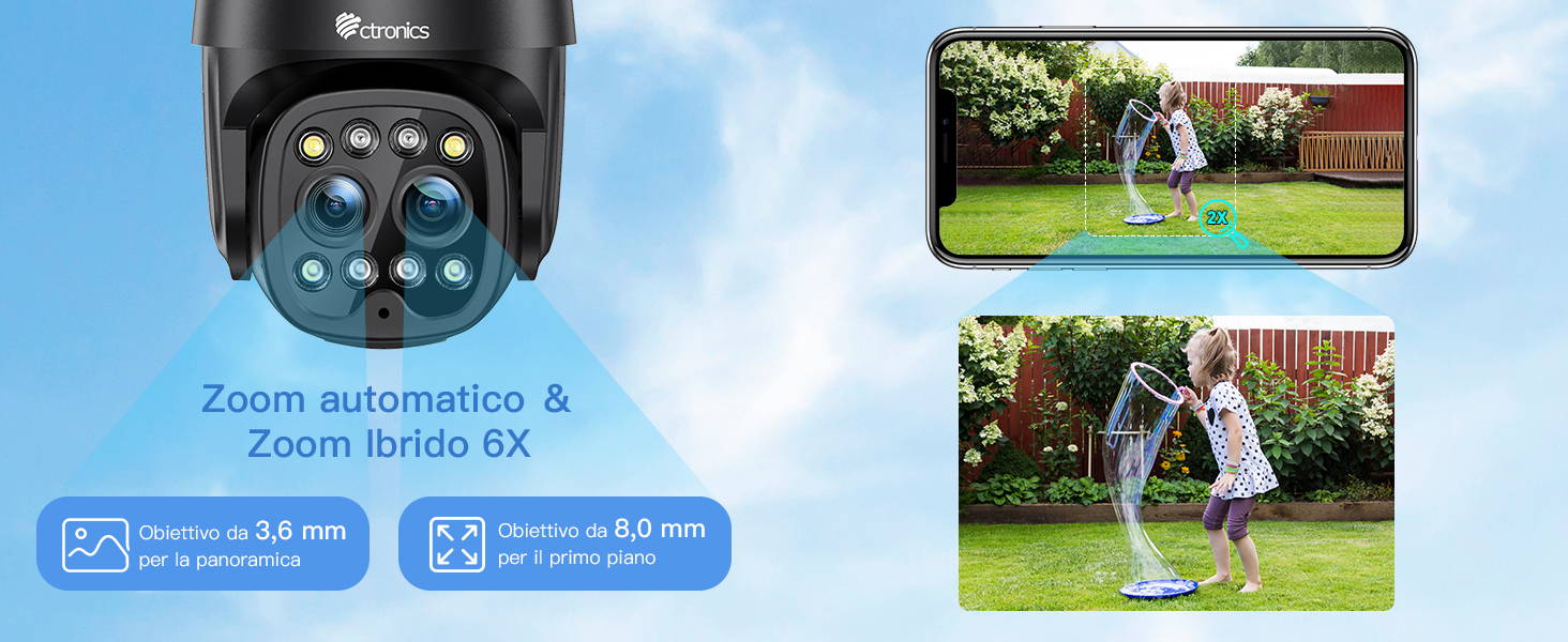 Ctronics 4MP Telecamera WiFi Interno, 2,4/5GHz WiFi/Bluetooth Videocamera Sorveglianza, Visione Notturna a Colori, PTZ 355°/ 120°, AI Movimento& Umano Rilevamento,Tracciamento Automatic (Nero